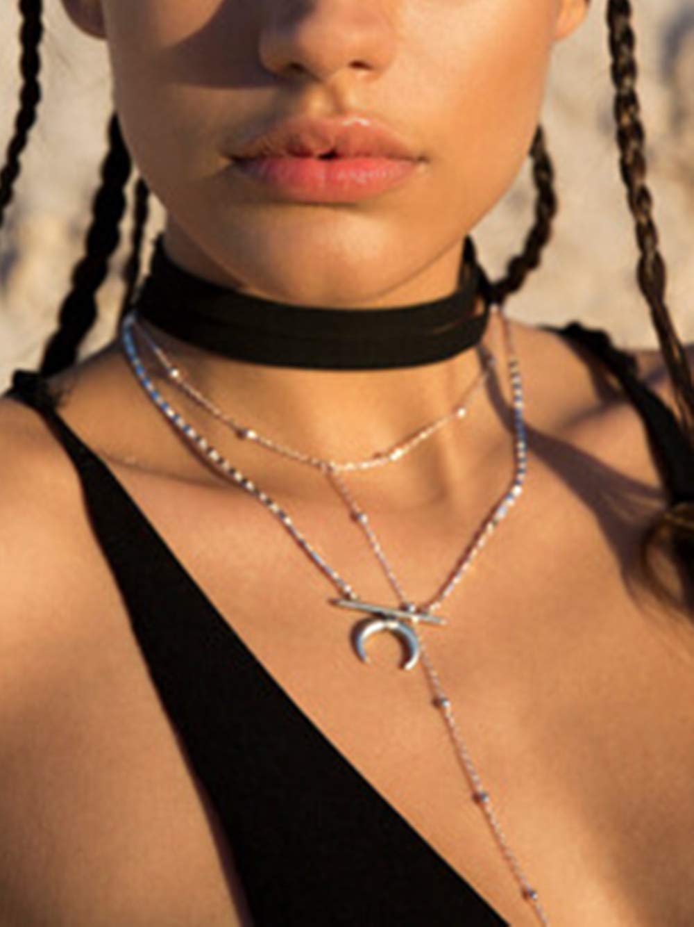 DoubleNine Bohemian Wrap Choker Layered Necklace Sets Retro Vegan Suede Lariat Beach Accessories with Coin Tassels for Women Girls (choker+necklace) Beauty & Personal Care Doubnine