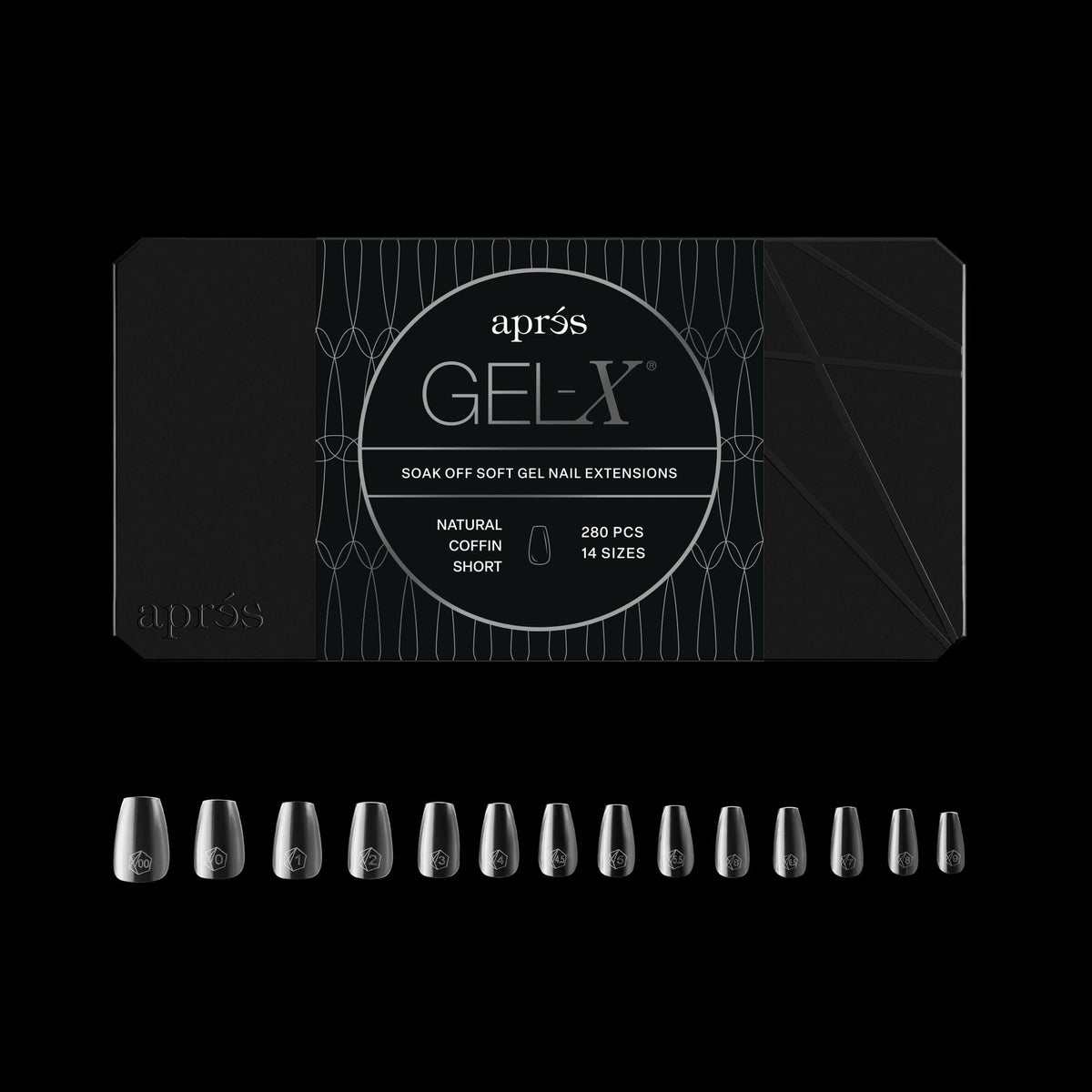 Apres Gel-X® Coffin Box of Nail Tips | 280 Gel-X Tips, Soft Tips, 14 Sizes 00-9 | Half-sizes Included (Natural Coffin Short, 280 Count)