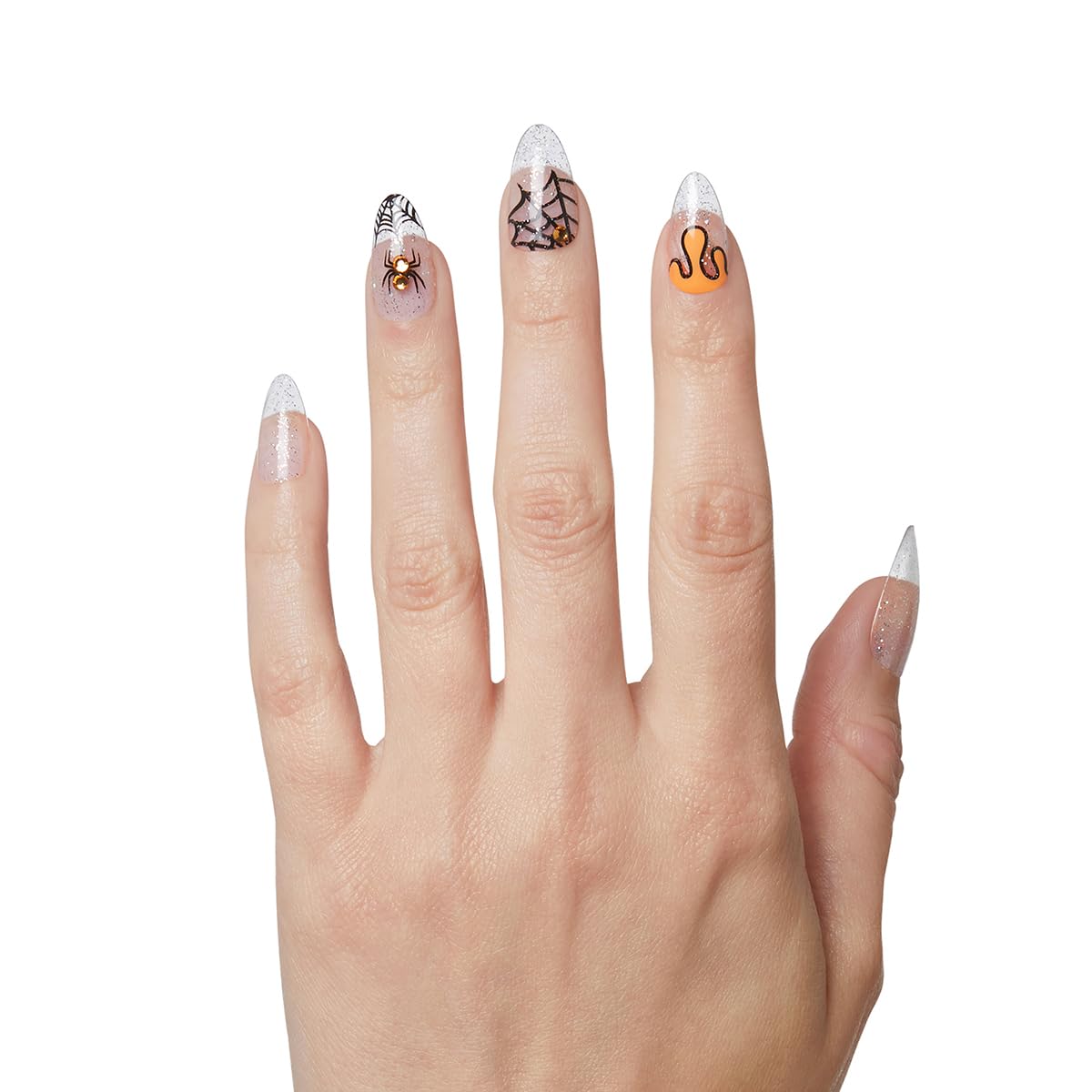 KISS Voguish Fantasy Halloween Nails, Black, Medium Length, Almond Shape, Pink Gel Nail Glue (2g), Mini Nail File, Manicure Stick, & 28 Fake Nails