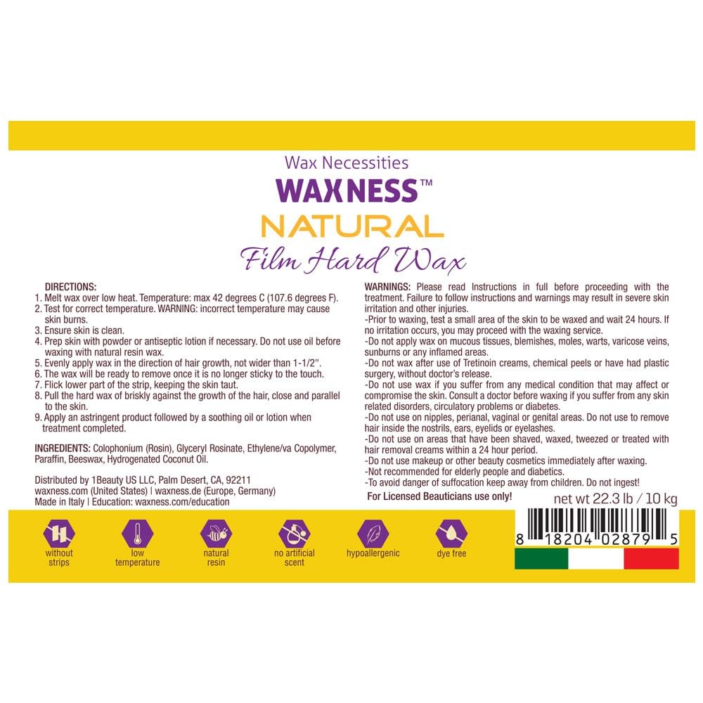 Waxness Film Hard Wax Beads Natural 22 lb (10 kg) - Stripless Professional Hard Wax Bulk Size for Face & Body, Salon Use - Made in Italy Beauty and Personal Care Waxness