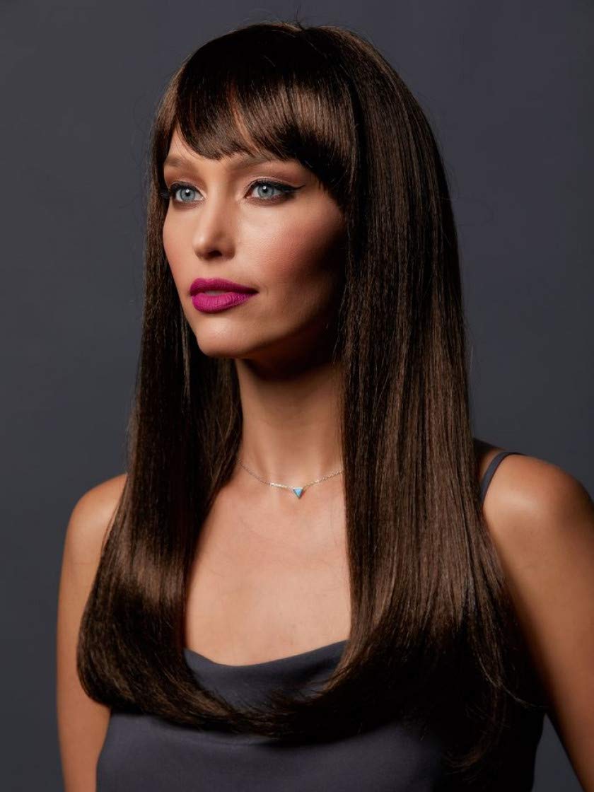 Jewell Blush Wig Color Chocolate - Sepia Wigs 30" Long Straight Layered Synthetic Fiber Full Bangs Fantasy Sexy Costume Dark Brown