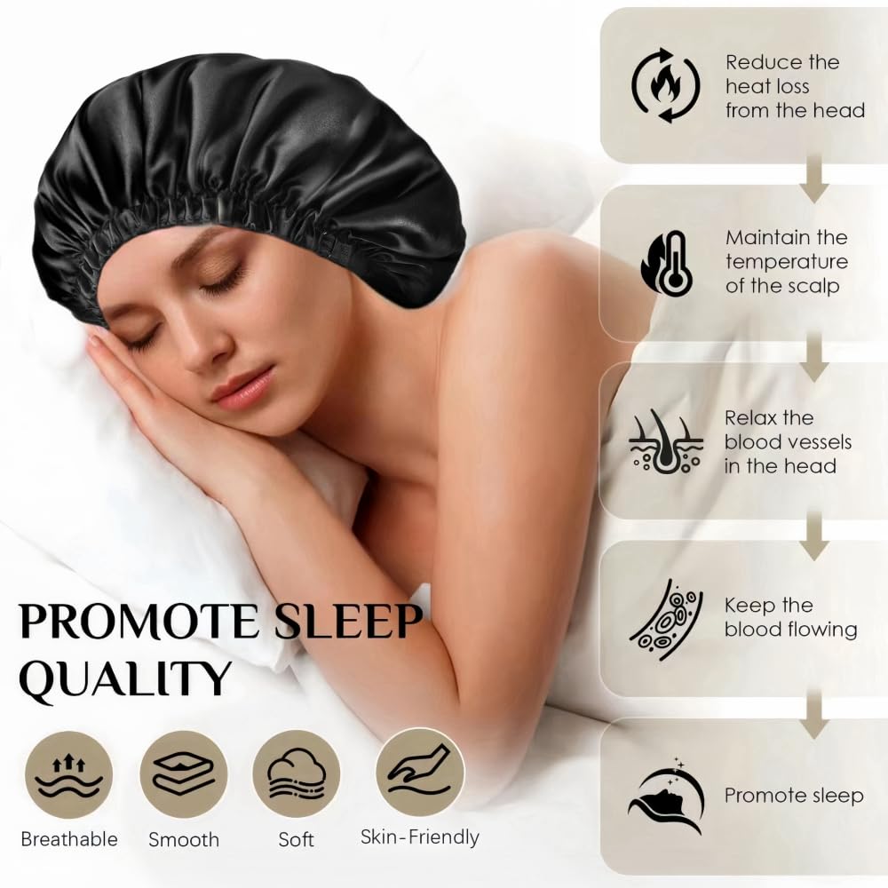 VECIIR Satin Bonnet Silk Bonnet for Sleeping Women and Men, Ajustable Hair Bonnet for Curly Hair with Double Layer Hair Bonnet,Black - Black,Medium Beauty and Personal Care VECIIR