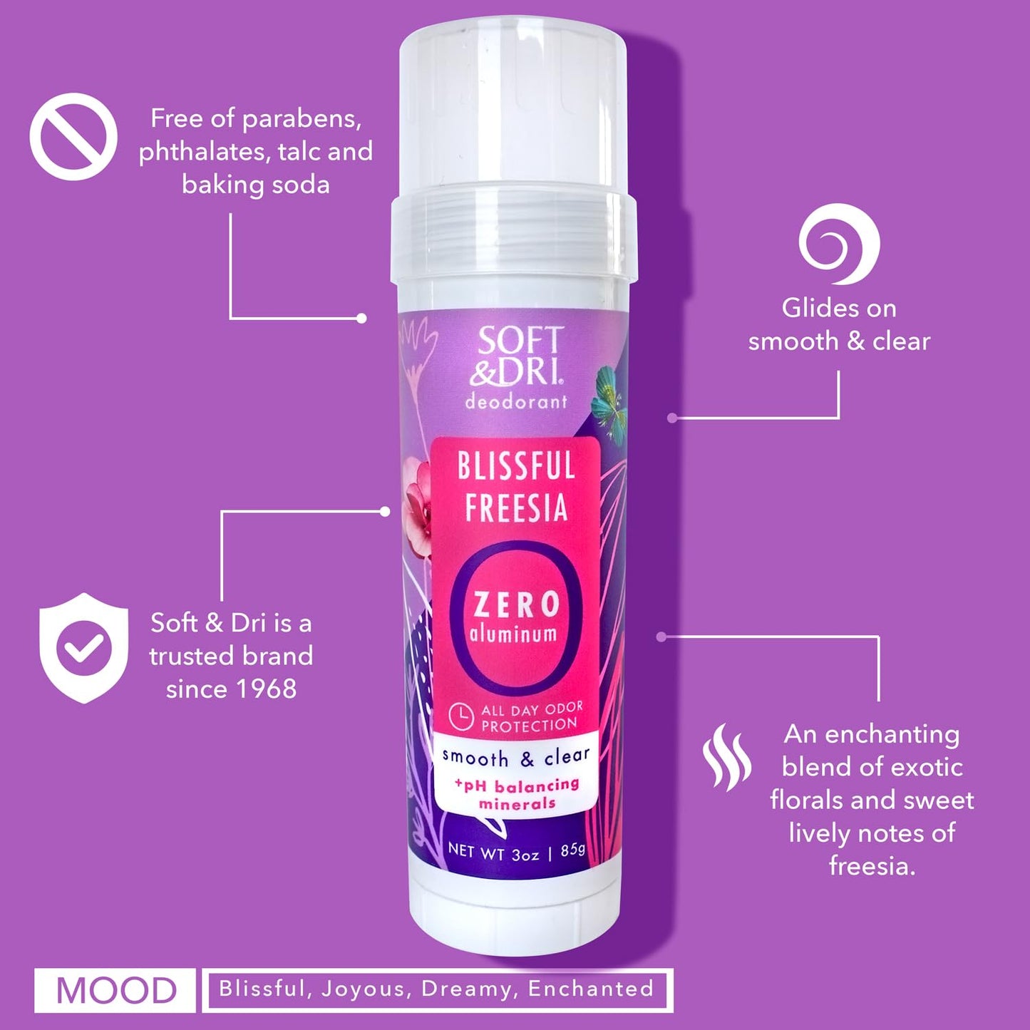 Soft & Dri Blissful Freesia Aluminum Free Deodorant, 3 oz, Smooth and Clear Stick, pH Balancing Minerals, Pack of 3 Beauty and Personal Care Soft & Dri