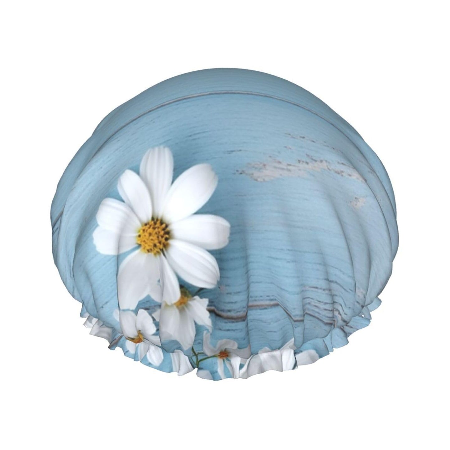 White Flowers Light Blue Wood Shower Cap for Women Men Large Reusable Shower Bonnet Double-Layer Waterproof Bath Caps Elastic Band Hair Hat for All Beauty and Personal Care BWLHJKE