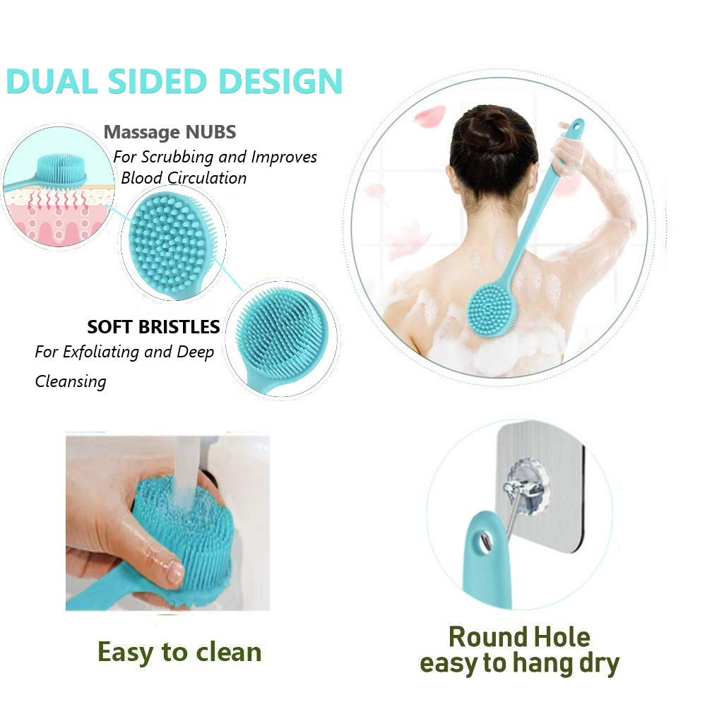 Long Handle Silicone Body Scrubber for Shower, Dual-Sided Back Scrubber Brush with Soft Bristles&Massage Nodes, Exfoliating Bath Brush for Hard Beauty and Personal Care Cinlitek