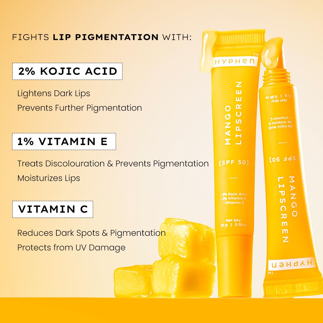 Hyphen Mango Lip Balm SPF 50 PA++++ - 2% Kojic Acid Brightening LipBalm for Dark & Pigmented Lips - 1% Vitamin E & Vitamin C - Moisturizing SPF Beauty and Personal Care Hyphen