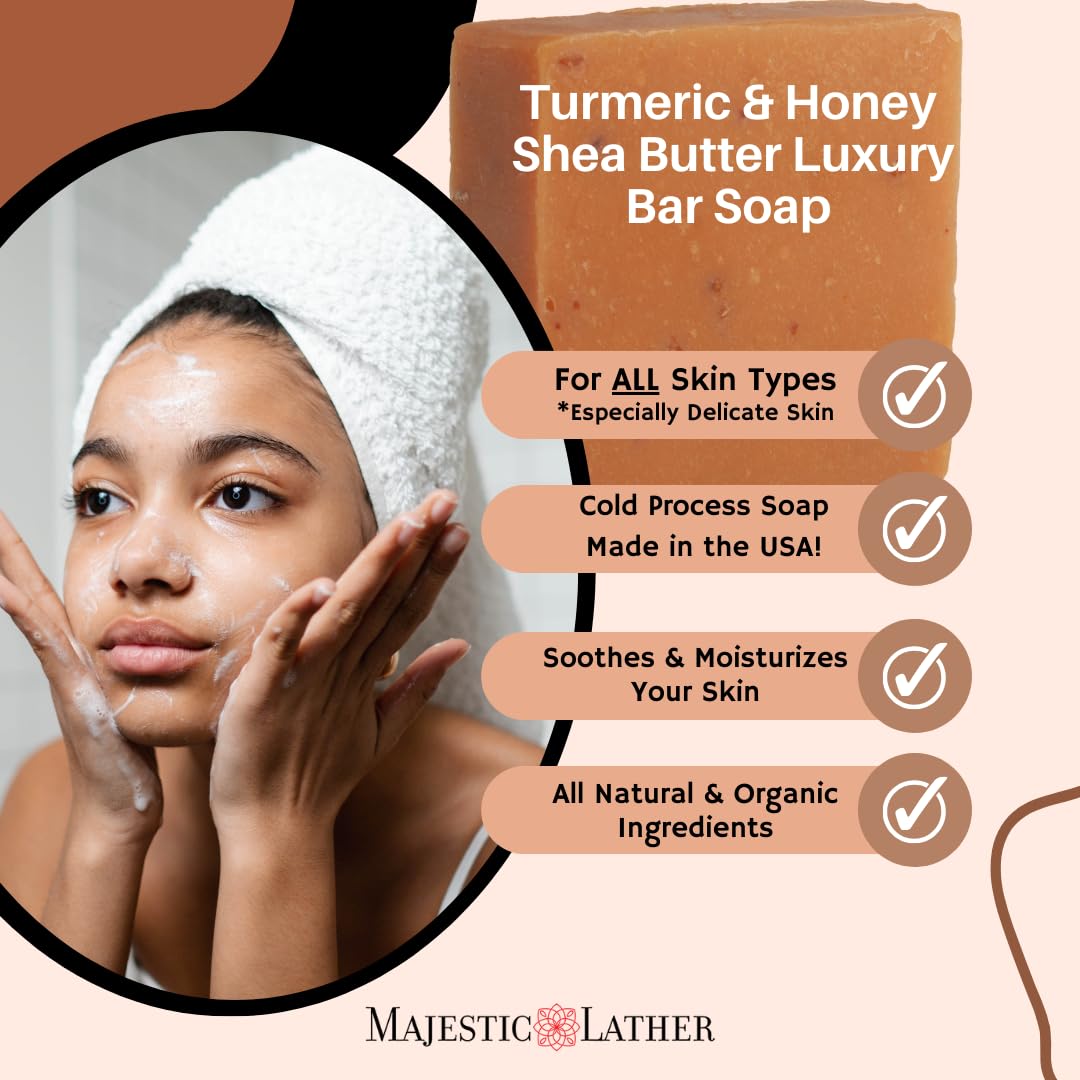 Turmeric & Honey Luxury Handmade Bar Soap for Face & Body. Gentle Cleansing, Soothing, Moisturizing & Nourishing - Shea Butter & Natural Oils. Cold Beauty & Personal Care Majestic Lather