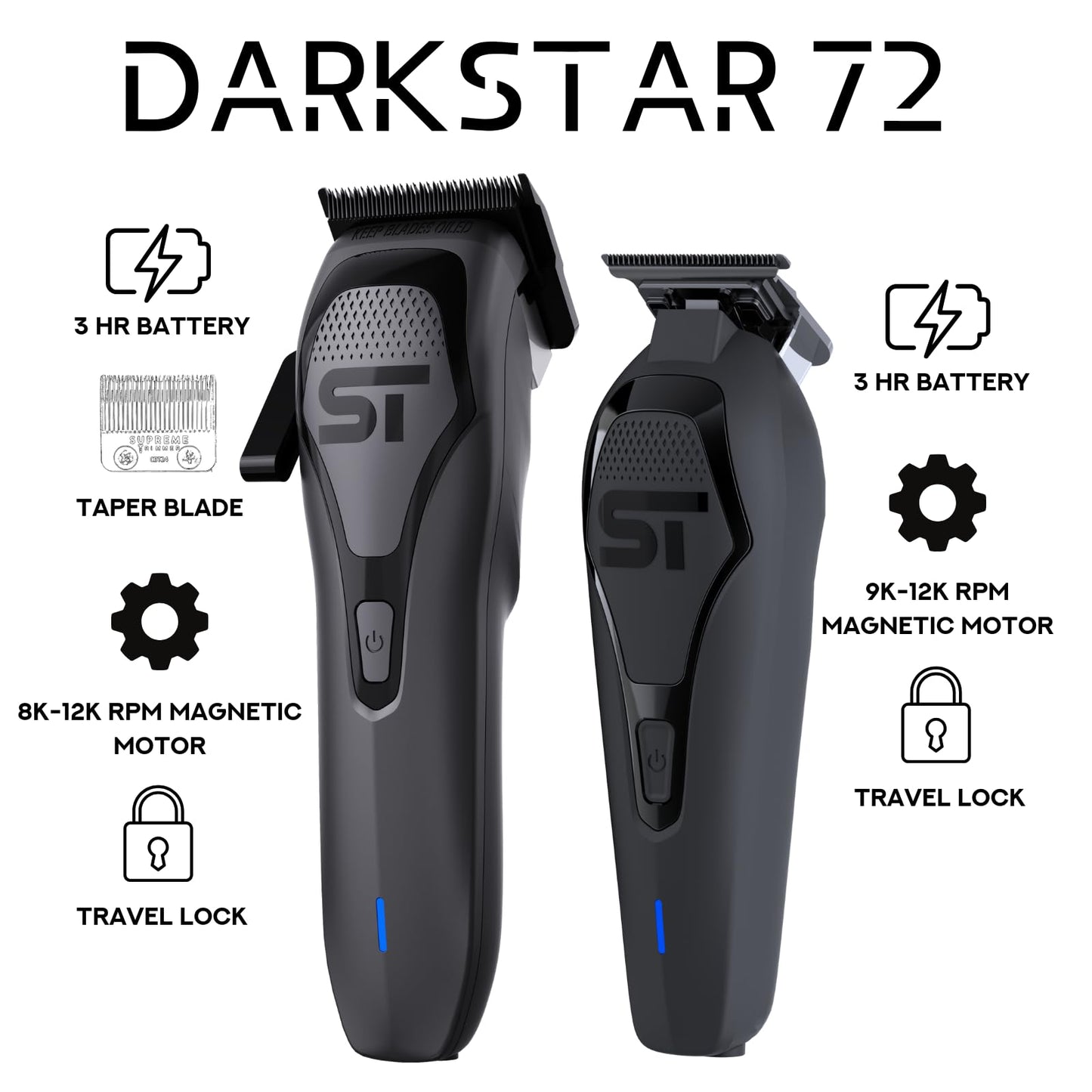 Supreme Trimmer Darkstar 72 Clipper & Trimmer Set with Magnetic Vector Motor - 180 Min Run Time, 9000 RPM Professional Hair Clipper & Beard Trimmer Beauty and Personal Care Supreme Trimmer