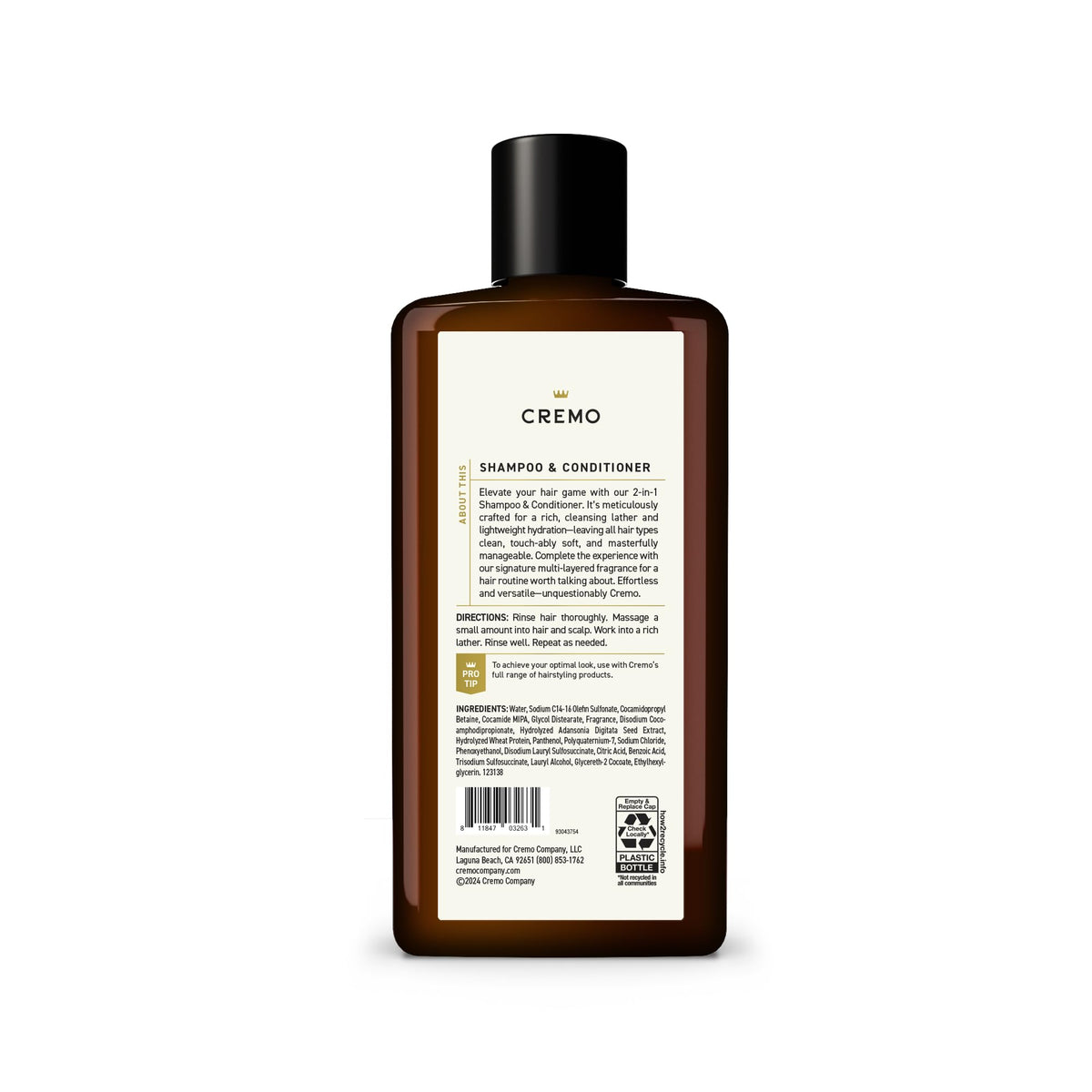Cremo 2-in-1 Mens Shampoo & Conditioner, Bourbon & Oak, 16 Fl Oz