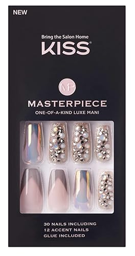 KISS Masterpiece One-Of-A-Kind Luxe Mani Premium Special Effects Design Coffin Shape Glossy Iridescent Glue-On Long Length Nails with Faux Jewels MP01 Beauty & Personal Care KISS