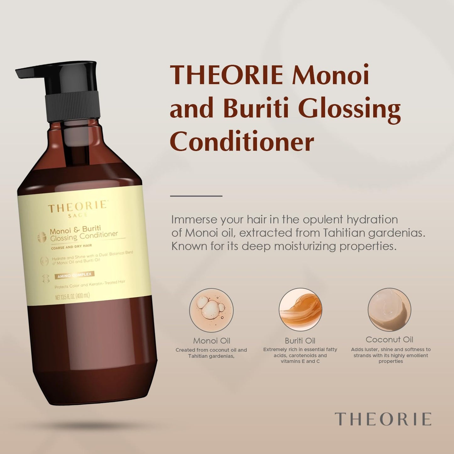 Theorie Monoi and Buriti Glossing Conditioner - Hydrate & Shine - Suited for Coarse and Dry Hair - Protects Color & Keratin Treated Hair, Pump Bottle Beauty & Personal Care Theorie