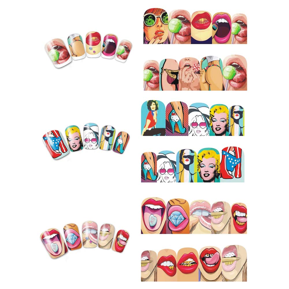Towenm 12 Sheets Nail Art Stickers Water Transfer Nail Decals for Nail Art, Trendy Marvel Nail Wraps, Sexy Lip Pop Star Nail Decals, Manicure Nail Beauty & Personal Care Towenm