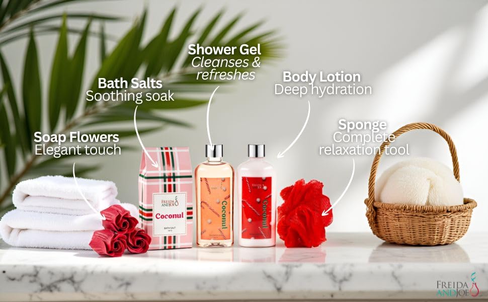 Coconut Spa Gift Basket Bath & Body Set, Red & Green Beauty and Personal Care Freida and Joe