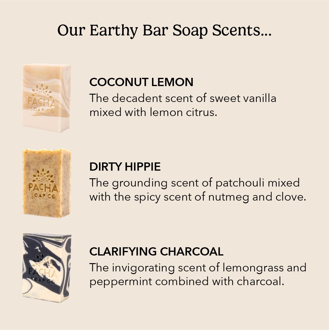 Pacha Soap Co. Bar Soap, Earthy Clean Bundle - Coconut Lemon, Dirty Hippie & Clarifying Charcoal, Handcrafted, Hydrating, Artisan Face Wash, Hand Beauty & Personal Care Pacha Soap Co
