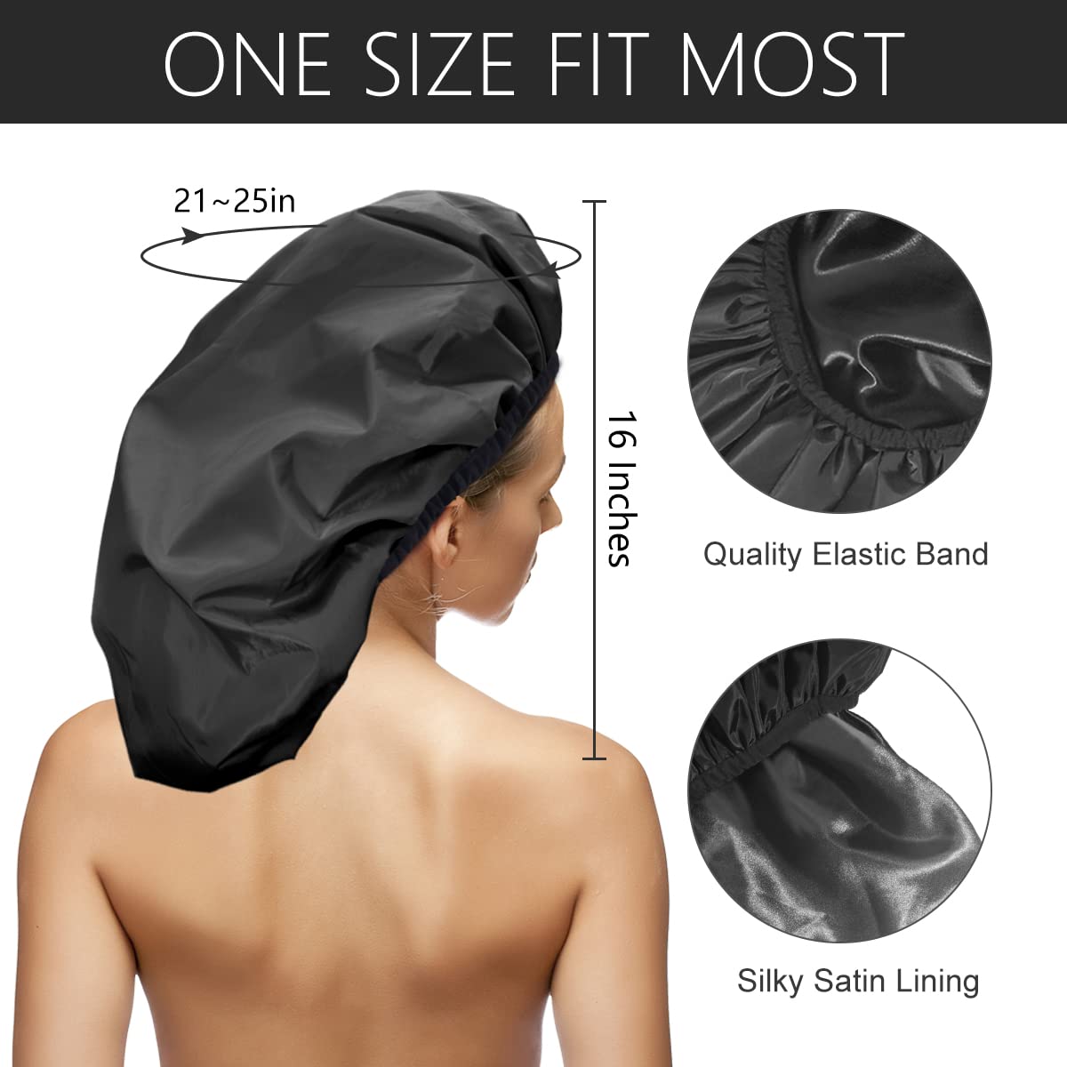 Auban Extra Large Shower Cap, Double-Layer Waterproof Reusable, XL Satin Lining Shower Bonnet for Women Thick, Long Hair, Locs, Braids(Black) Beauty & Personal Care Auban
