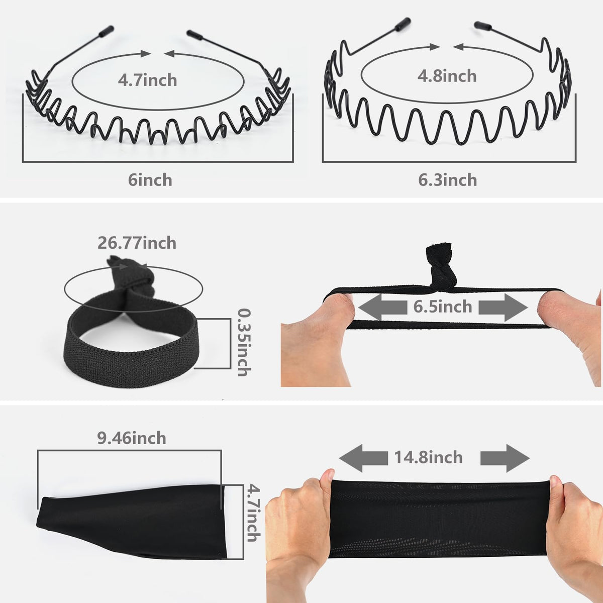 LTHYHJ Men's Metal Headband, Men's Neutral Black Wavy Spring Outdoor Sports 6-Piece Set, Headband for Men and Women, Suitable for Running, Cycling,