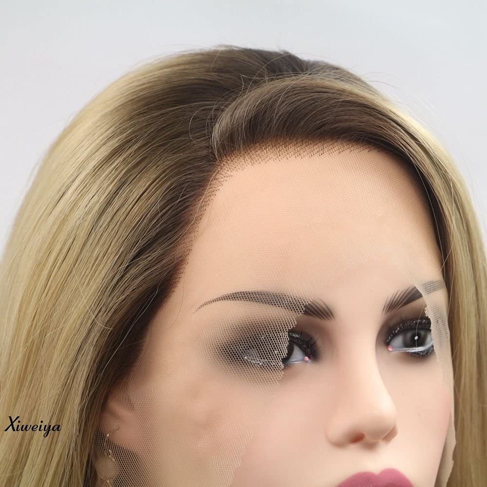 xiweiya Long Natural Wave Ombre Brown Blonde Synthetic Lace Front Wigs with Brown Roots 2 Tones Side Part Wig Heat Resistant Fiber Hair Wigs For Women