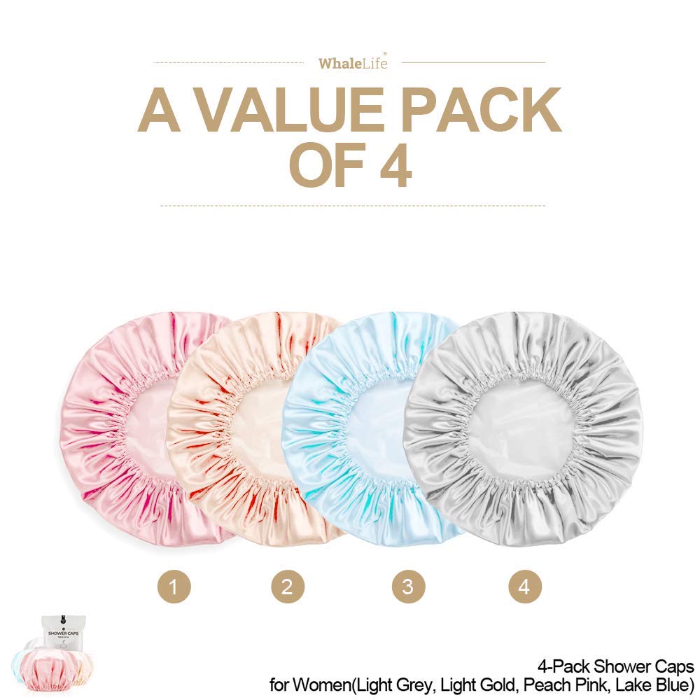 Shower Cap for Women Reusable Extra Large Shower Caps for Men Satin Double Layer EVA Waterproof Long Hair Caps(Light Grey, Light Gold, Peach Pink Beauty & Personal Care WhaleLife