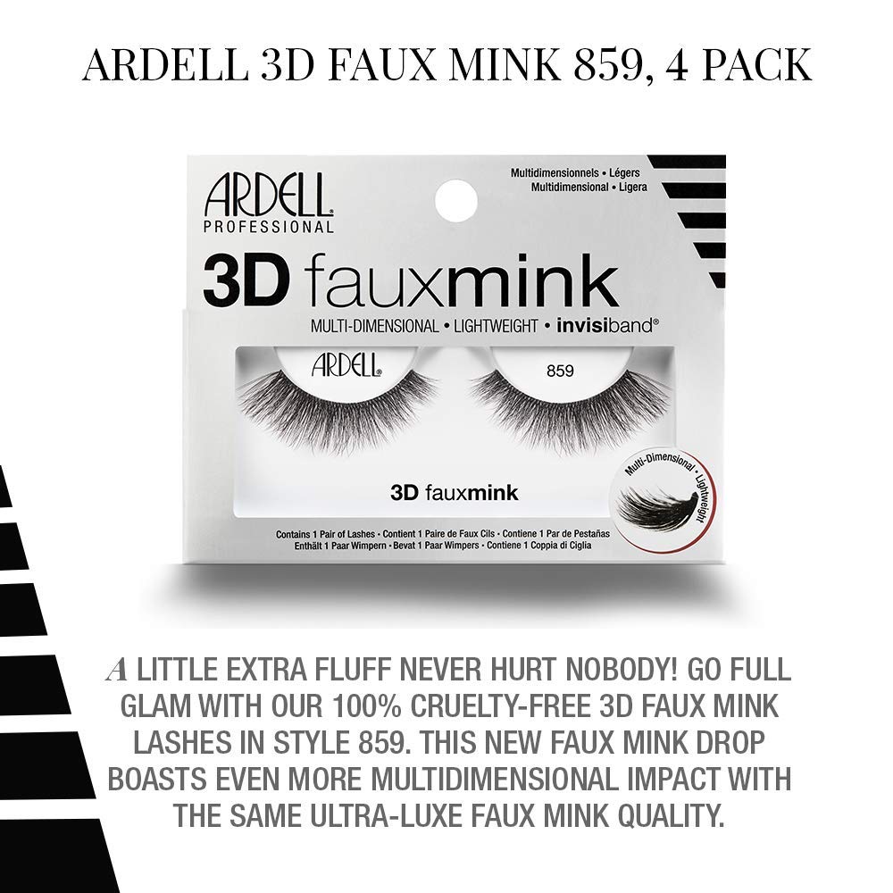 Ardell 3D Faux Mink Lashes False Eyelashes 859 - Fluffy & Voluminous Strip Wispy Lashes for a Natural Glam Look, 4 Pairs