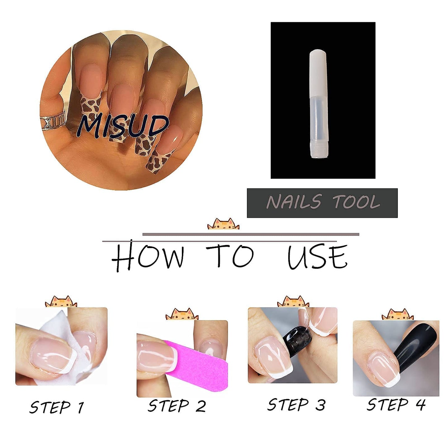 MISUD Press on Nails - Long Coffin Fake Nails with Cow Print, Acrylic French Tip Design 24 pcs Beauty & Personal Care MISUD