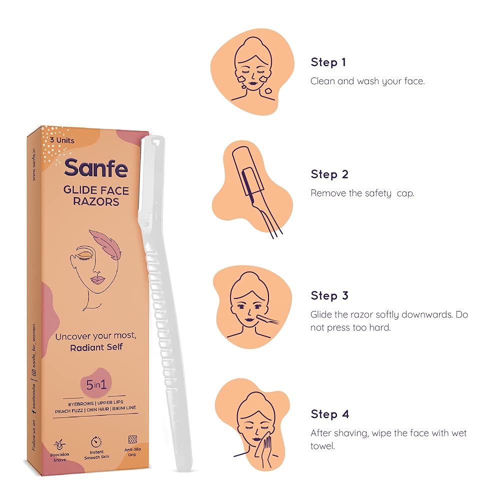 Sanfe Glide Reusable Face & Eyebrow Razor For Women - For Safe & Painfree Facial Hair Removal - Pack of 1 (3pcs) - Razor for Face, Eyebrows, Upper Beauty and Personal Care Sanfe