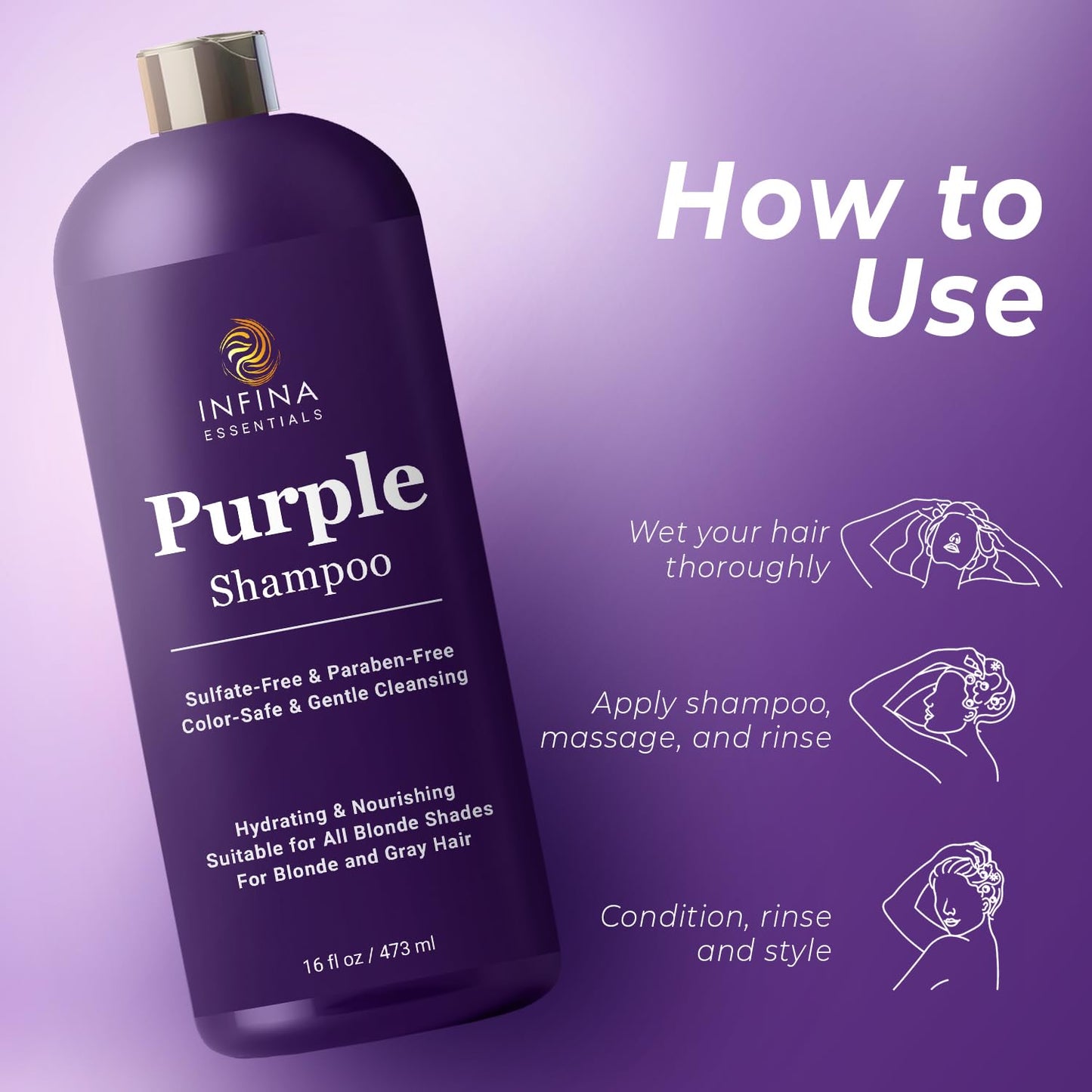 INFINA ESSENTIALS Purple Shampoo for Blondes, Gray, Brassy & Color Treated Hair, Sulfate Free, Enriched with Green Tea & Chamomile & Avocado Oil Beauty & Personal Care INFINA ESSENTIALS