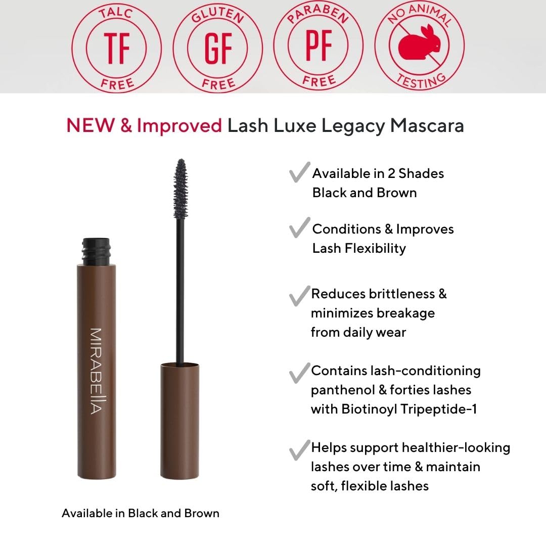 Mirabella Lash Luxe Legacy Mascara, Brown, Lengthening & Volumizing Buildable Mascara, Clump-Resistant Formula, 8 mL / 0.27 fl oz