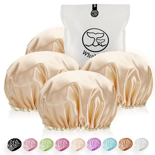 Shower Cap for Women Reusable Extra Large Shower Cap for Men (Golden 4 Pack Large) Satin Double Layer EVA Waterproof Long Hair Cap Beauty & Personal Care WhaleLife