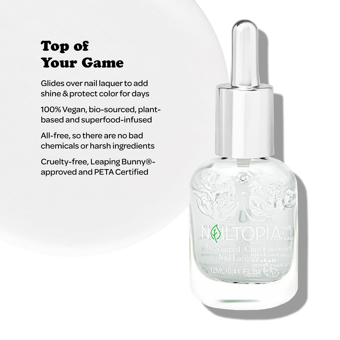 Nailtopia - Plant-Based Chip Free Top Coat - Non Toxic, Bio-Sourced, Long-Lasting, Strengthening Polish - Top Of Your Game (Clear) - 0.41oz Beauty & Personal Care Nailtopia