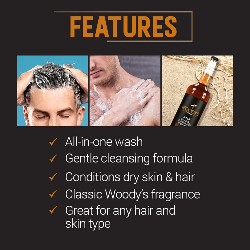 Woody's 3-in-1 Shampoo, Conditioner & Body Wash for Men - Men's All-in-One Hair & Body Cleanser with Aloe Vera, Marine Extracts & Cucumber Extract,