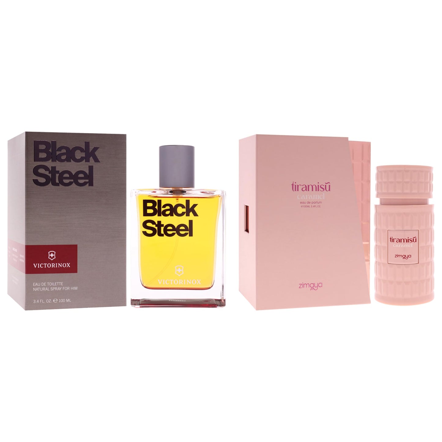 Swiss Army and Zimaya Kit by Various Designers for Unisex - 2 Pc Kit 3.4oz Black Steel EDT Spray, 3.4oz Tiramisu - Caramel EDP Spray Beauty & Personal Care Various Designers