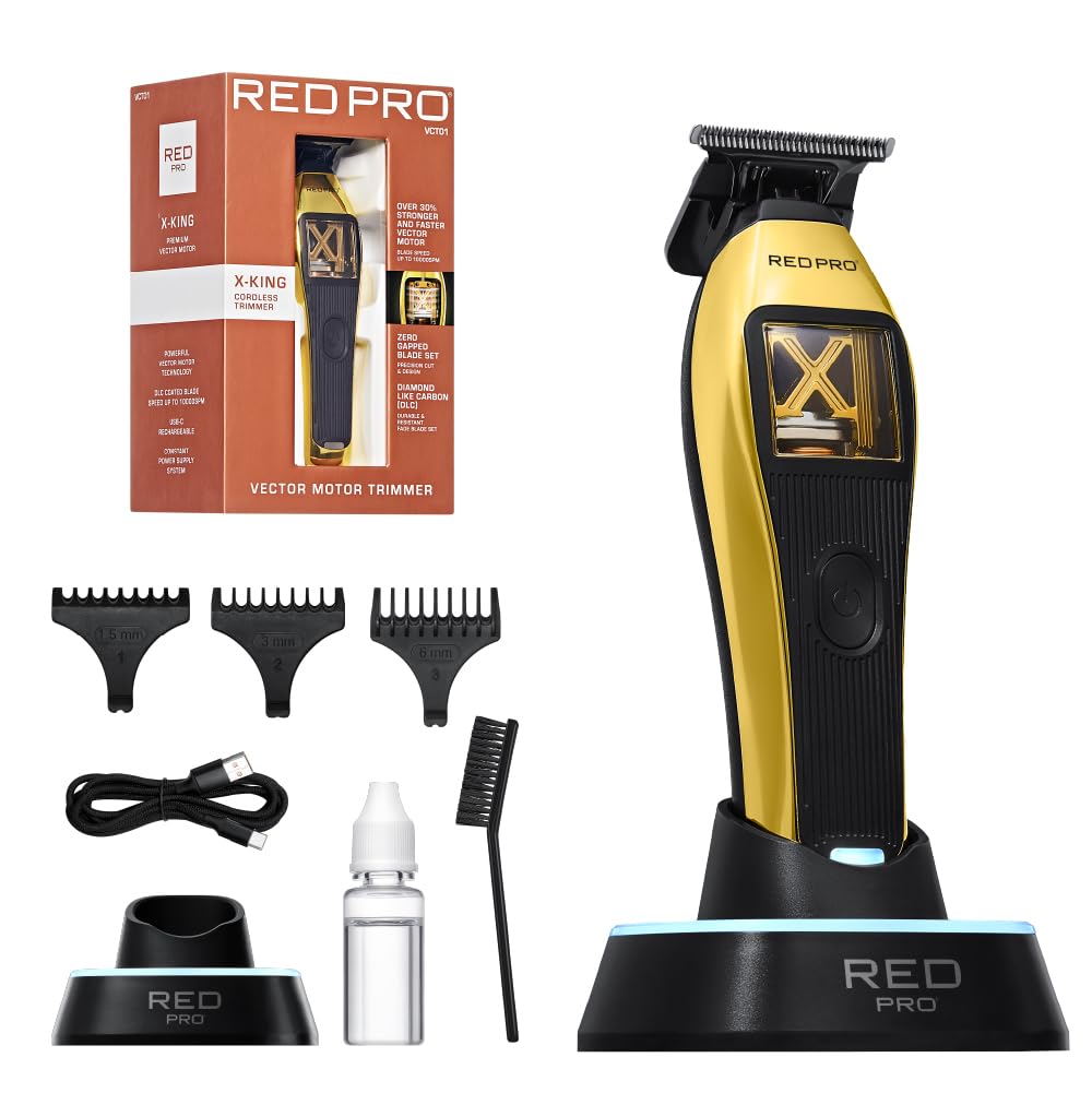 RED PRO X King Vector Motor Cordless Hair Trimmer Professional Barber Detail Beard Trimmer DLC Blade USB C 240 Min Gold Black Beauty and Personal Care RED Pro