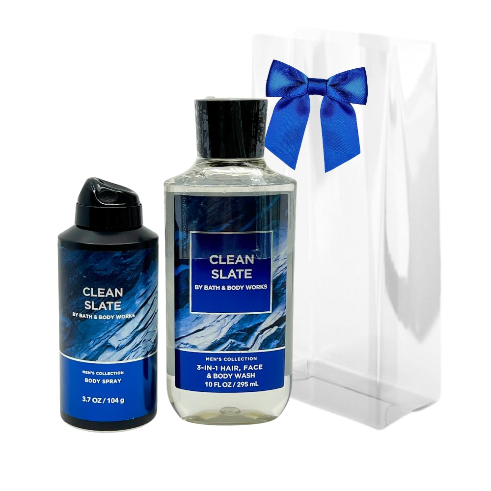 Bath & Body Works CLEAN SLATE 2pc bundle gift set for Men with a Blue Bow for Holidays & Gifts - Body Wash & Body Spray Beauty and Personal Care Bath & Body Works