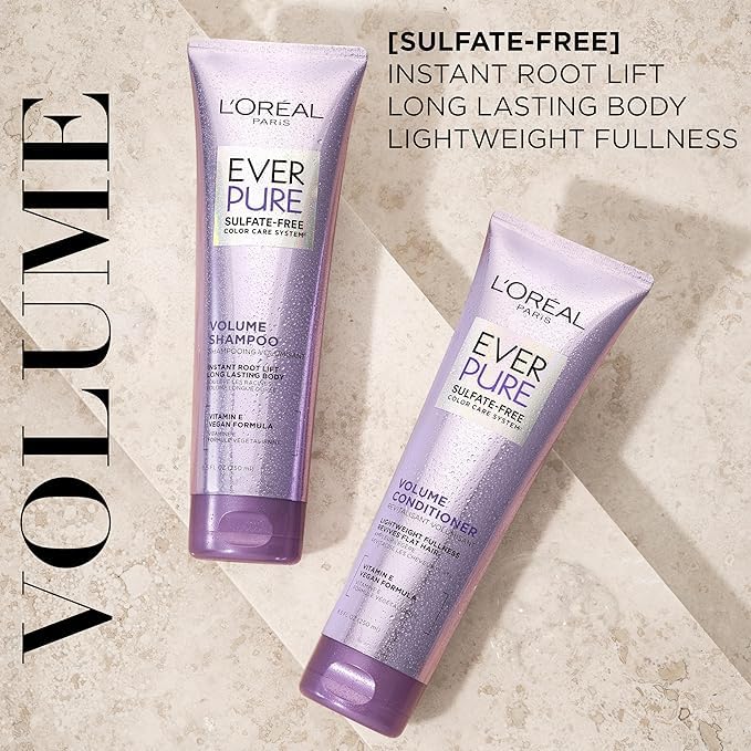 L'Oreal Paris EverPure Volume Sulfate Free Shampoo for Color-Treated Hair, Volume + Shine for Fine, Flat Hair, with Lotus Flower, 2 Count (8.5 Fl; Oz Beauty & Personal Care L'Oreal Paris