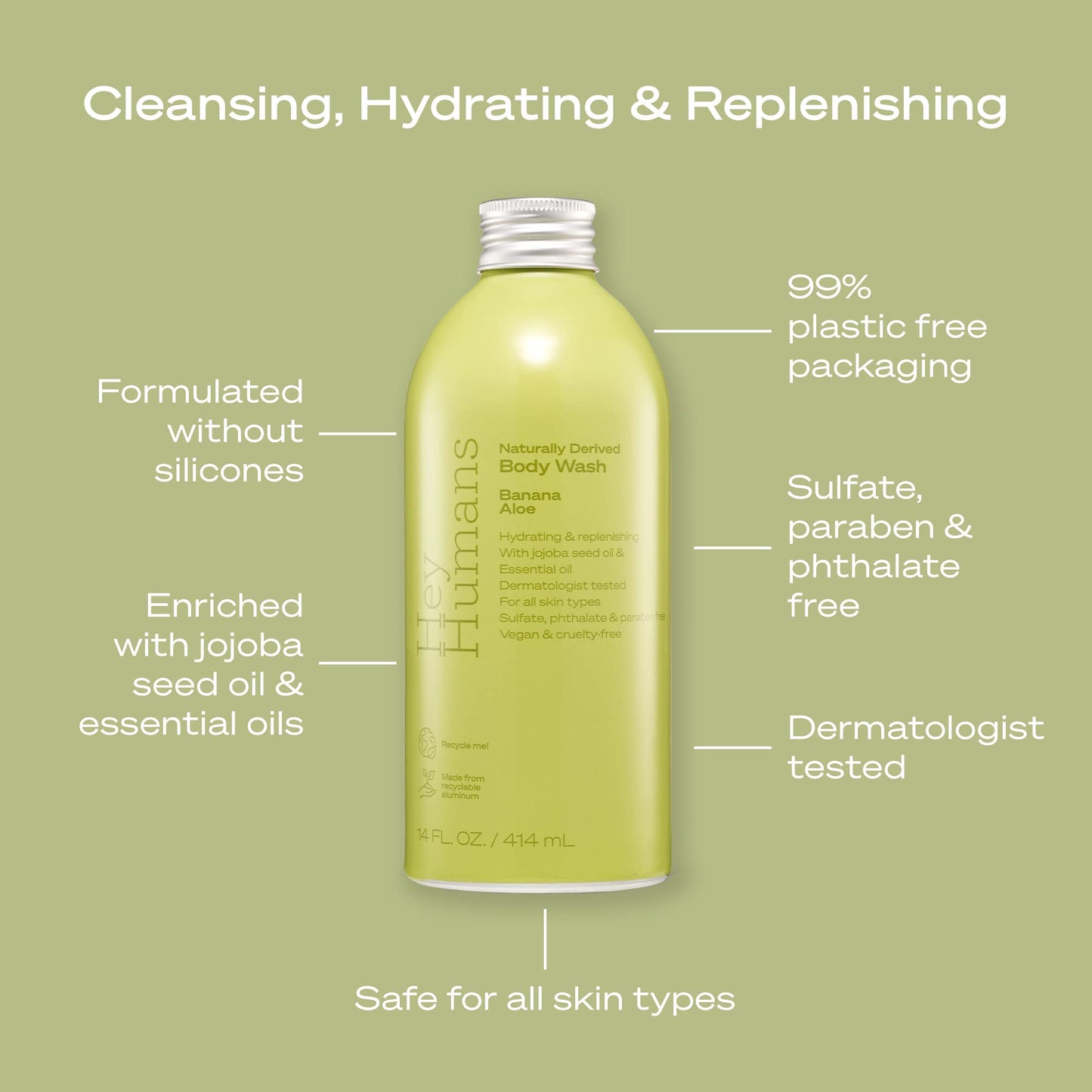 Hey Humans Banana Aloe Moisturizing Body Wash with Natural Ingredients & Jojoba Oil | Clean, Vegan, Sulfate Free Bath & Body Wash for Women & Men | Beauty & Personal Care HEY HUMANS