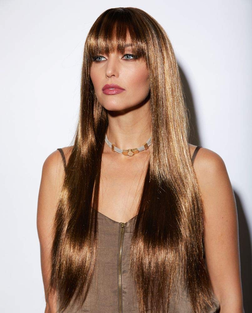 Jewell Blush Wig Color Toasted Almond - Sepia Wigs 30" Long Straight Layered Synthetic Fiber Full Bangs Fantasy Sexy Costume Light Brown