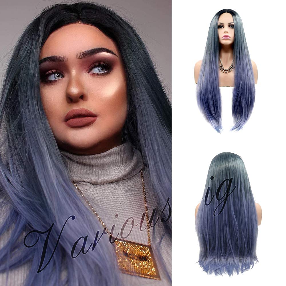 variouswig All kinds of wigs Natural Hair Color Character witch Wig Heat Resistant Fiber Synthetic Wig Ideal for Women for All Occasions (Mixed blue