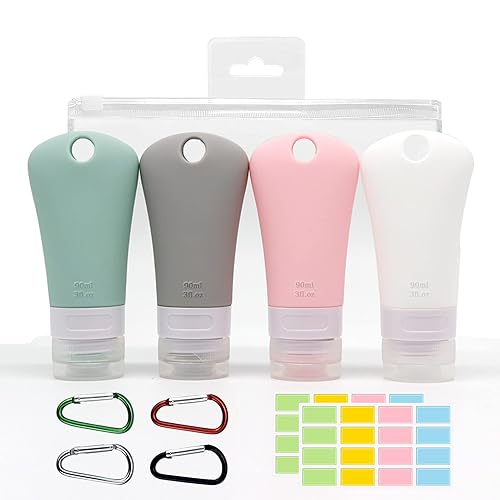 BetterJonny 4 Pcs Silicone Travel Bottles Set, Leak Proof Squeezable Tubes Set with Keychain and EVA Bag - Refillable Travel Accessories for Shampoo Beauty & Personal Care BetterJonny