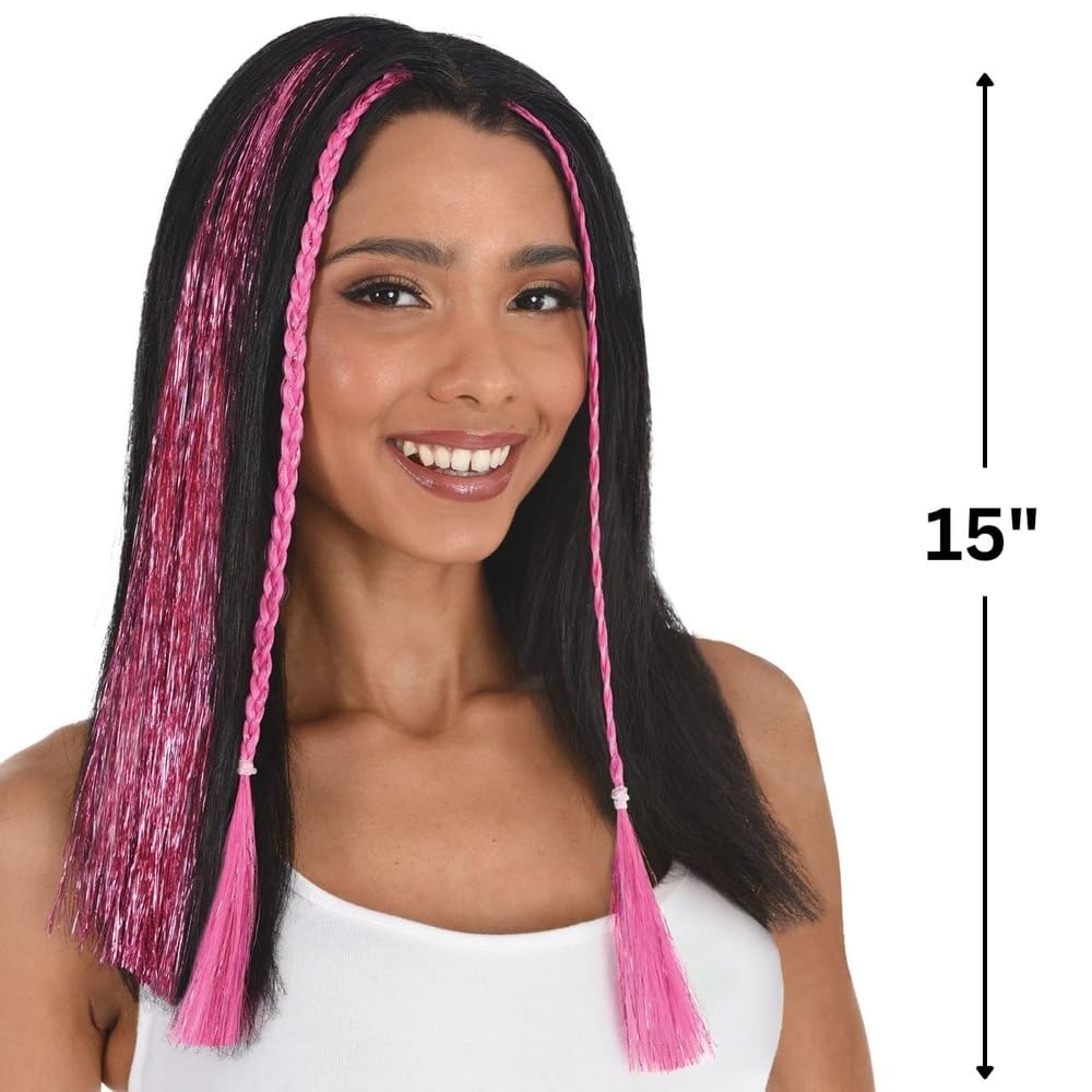 Amscan Vibrant Pink Tinsel Hair Extensions (15") 3 Pieces - Perfect Hair Accessory For Any Occasions