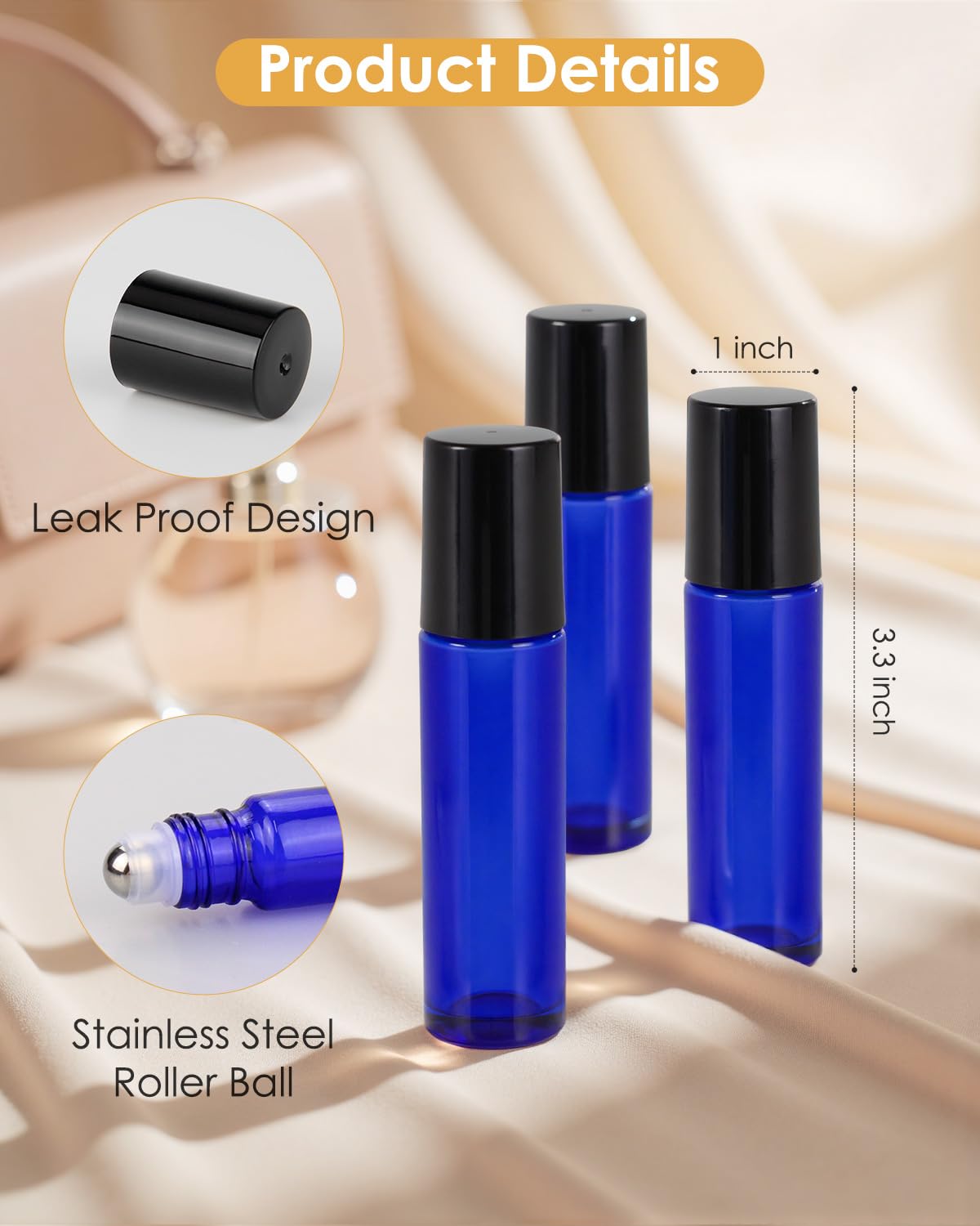 Worldgsb 25 Pack Essential Oil Roller Bottles, 10ml Refillable Glass Roller Bottles with Stainless Steel Roller Balls and Caps for Travel, Perfume Beauty and Personal Care Worldgsb
