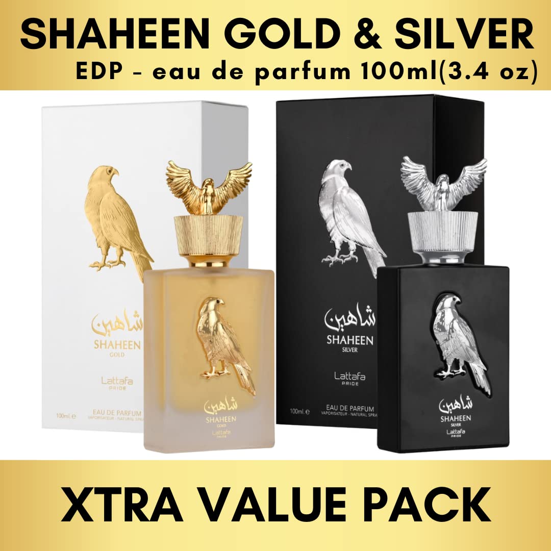 Lattafa Perfumes Pride Shaheen for Unisex 2 Piece Eau de Parfum Gift Set (Gold + Silver) 3.4 Ounce/100 ml each Beauty & Personal Care Lattafa