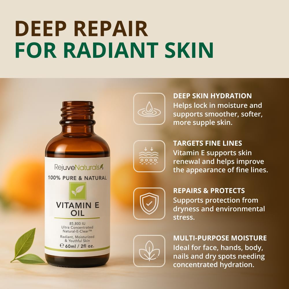 Vitamin E Oil - 100% Pure & Natural, 42,900 IU. Repair Dry, Damaged Skin from Surgery & Acne, Age Spots & Wrinkles. Boost Collagen for Moisturized Beauty and Personal Care RejuveNaturals