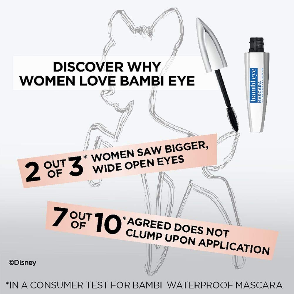 L'Oreal Paris Makeup Bambi Eye Mascara, Lasting Volume, Length & Lift, Doe-Eye Definition, No Clumping or Smudging, Waterproof, Blackest Black, 0.21