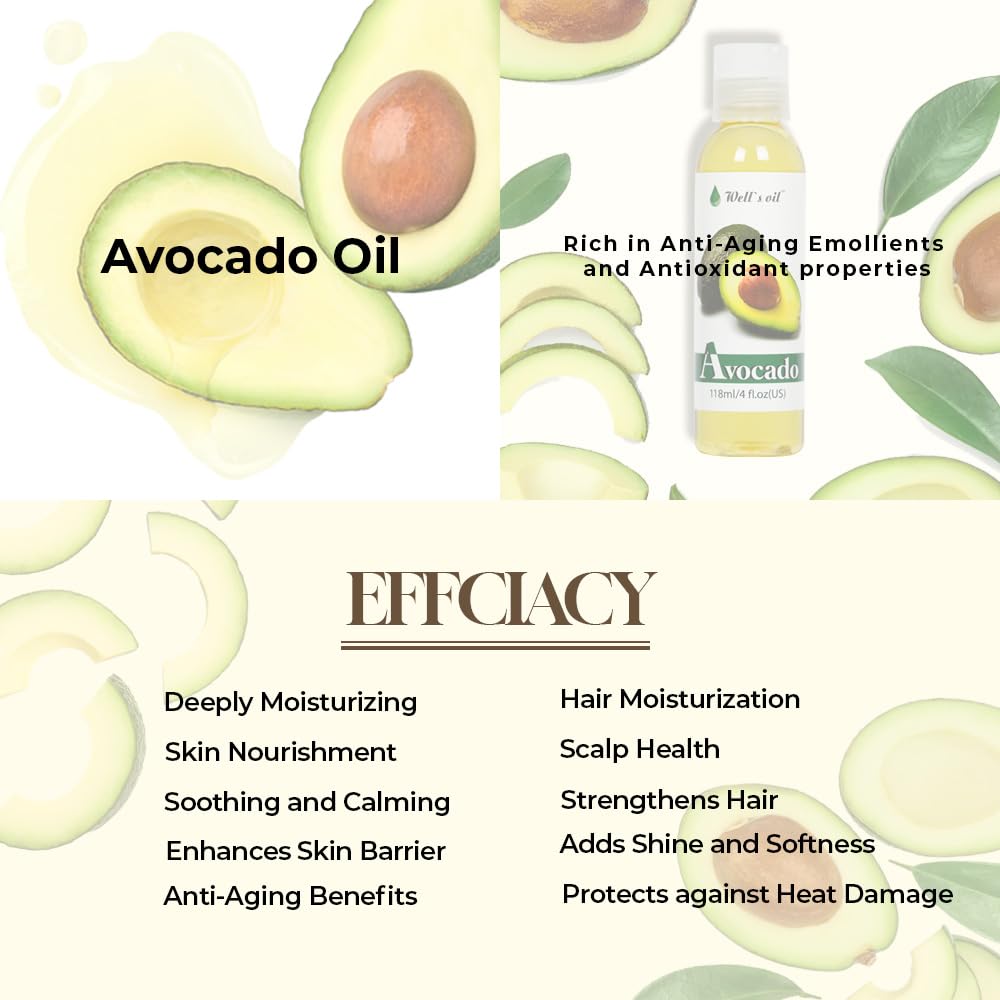 Well's Oil AVOCADO OIL | 4oz(118ml) | All-Natural | For Hair + Skin + Nails | Refined, Cold Pressed | Nutrient Rich and Hydrating Beauty & Personal Care Well's Oil