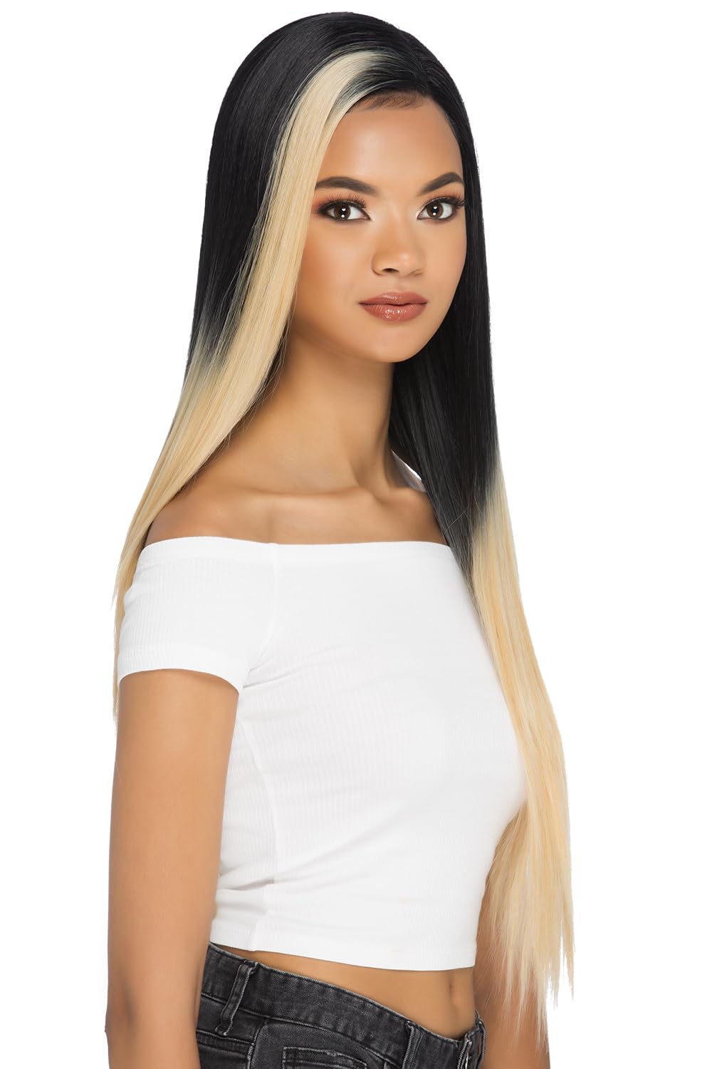 Vivica A. Fox BLONDIE New Futura Fiber, 30 Inch Layered Straight Style Invisible Side Part, Special Color Hair Mixed in with Off Black, Natural Baby