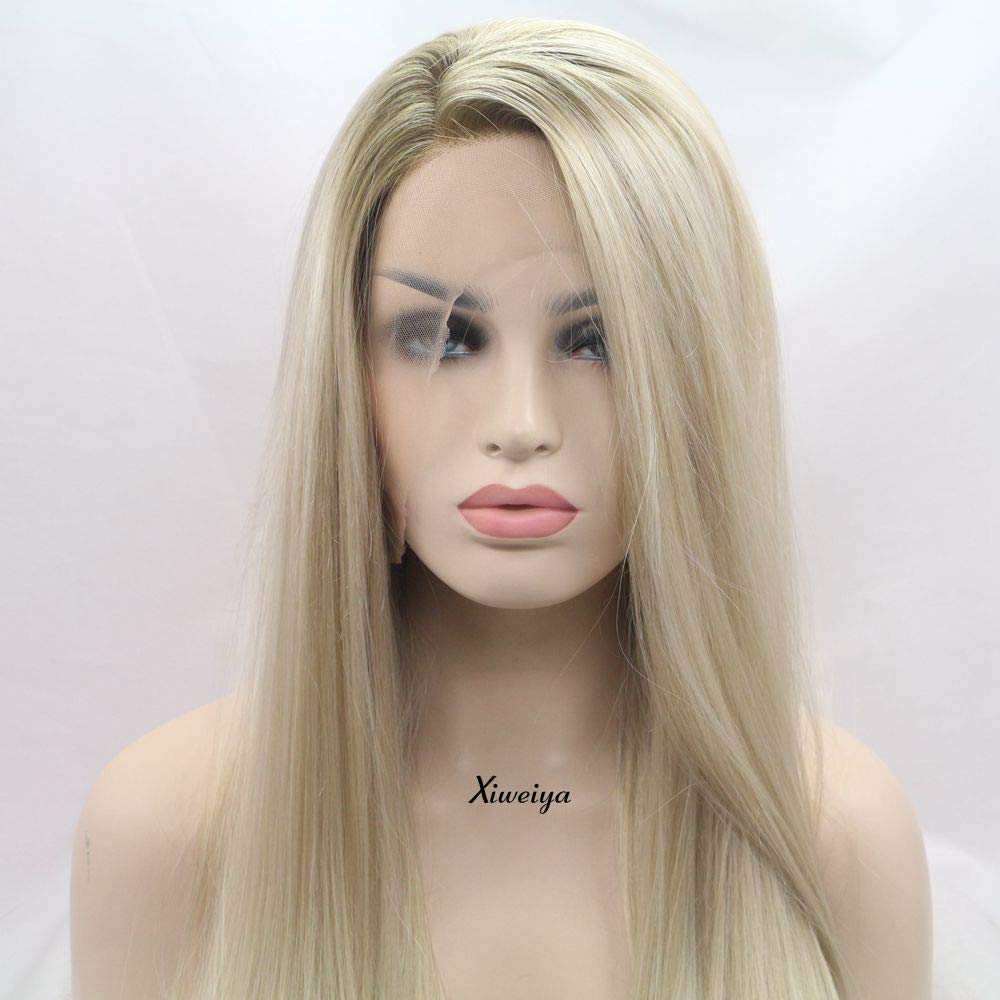 xiweiya Synthetic Long Straight Wig Ombre Light Blonde Wigs 13 * 3 Lace Wig for Women Daily Wear 24inches