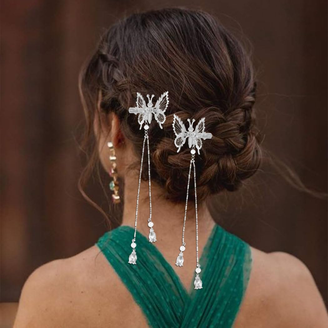 Bartosi Butterfly Clips Hair Silver Hair Barrettes Fluttering Tassel Hair Accessories Set for Women and Girls (Pack of 2) Beauty & Personal Care BARTOSI
