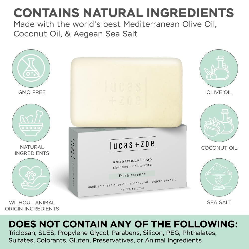 Lucas + Zoe Fresh Essence Antiseptic Bar Soap - 4 Ounce Moisturizing Body Soap Bar Made With Natural Ingredients Like Mediterranean Olive Oil, Coconut Beauty & Personal Care lucas + zoe
