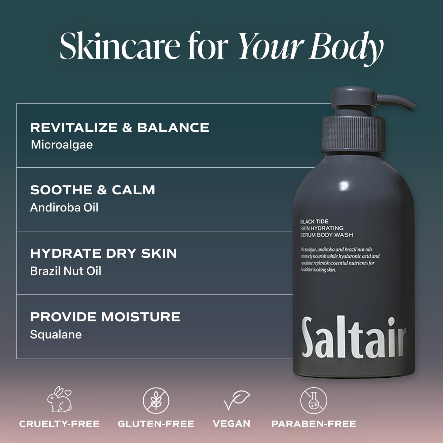Saltair Body Wash 2-Pack - Moisturizing Body Wash with Squalane & Hydrating Oils - Scented Shower Gel for Men - Black Tide Scent, 2x 17oz - Vegan Beauty & Personal Care Saltair
