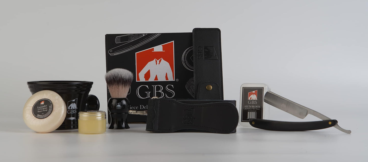G.B.S Men's Shaving Set- Deluxe Straight Razor 6/8in Carbon Steel Razor, Shaving Mug, Synthetic Bristles Brush, Shaving Soap Razor Case, Alum Block Beauty and Personal Care G.B.S